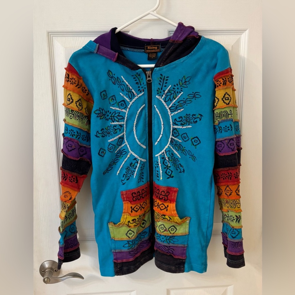 Rising International Turquoise & Multicolor‎ Embroidered Cotton Hoodie